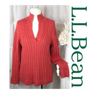 L.L. Bean Vintage Y2K Orange Cable Knit Cotton V Neck Collared Sweater Womens M